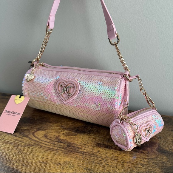 Juicy Couture Handbags - NWT Juicy Couture Choose Juicy Sequin Light Pink Barrel Shoulder Bag Heart